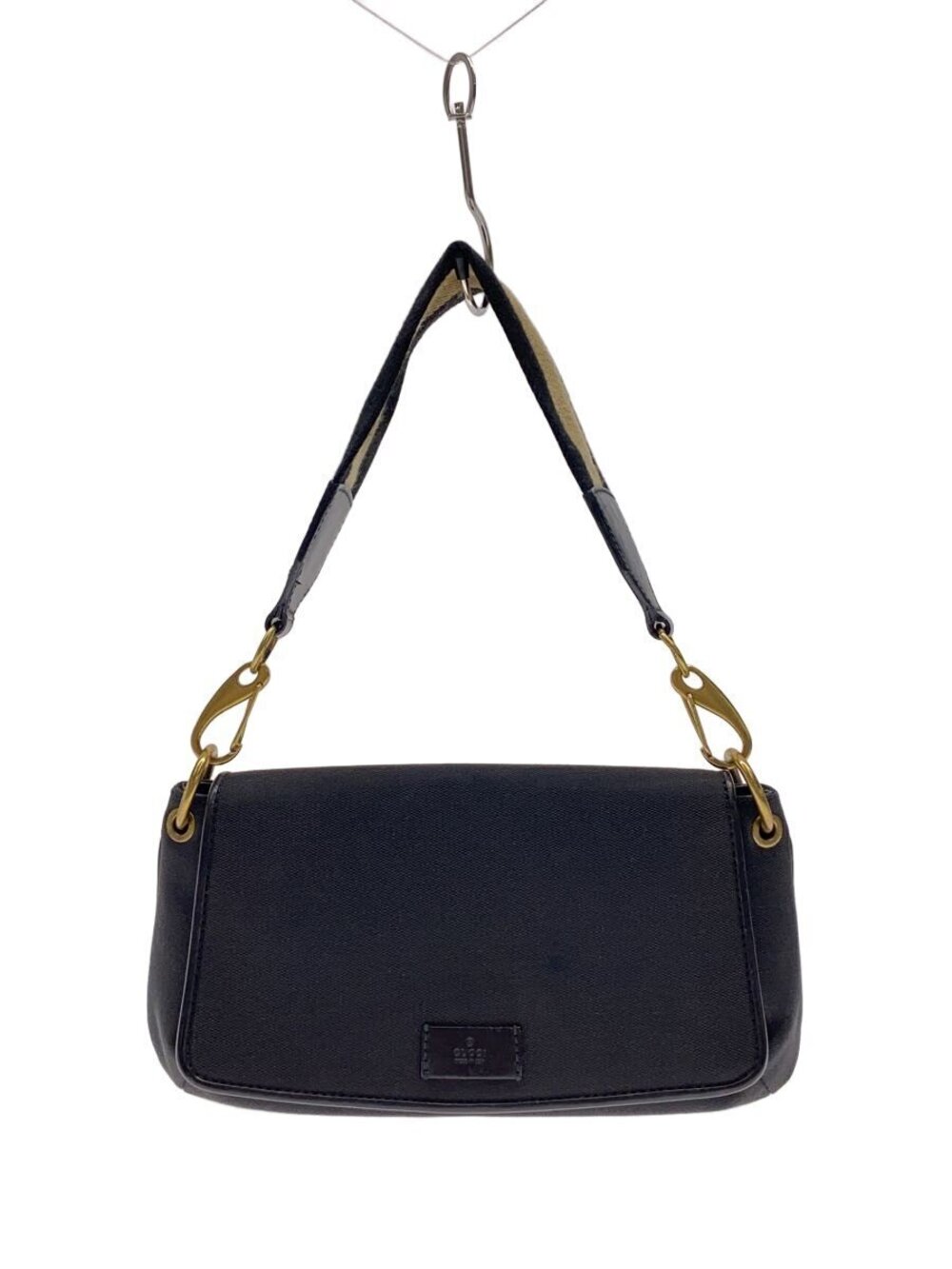 Gucci black canvas leather trim baguette shoulder bag striped